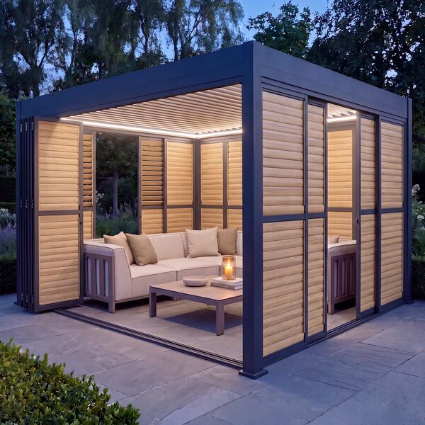 Eden Pergola Aluminium Rectangular 30x40 - 2 Wood Effect Folding Doors + 2 Louvre Doors  - Grey