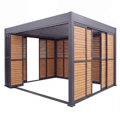 Eden Pergola Aluminium Rectangular 30x40 - 2 Wood Effect Folding Doors + 2 Louvre Doors  - Grey