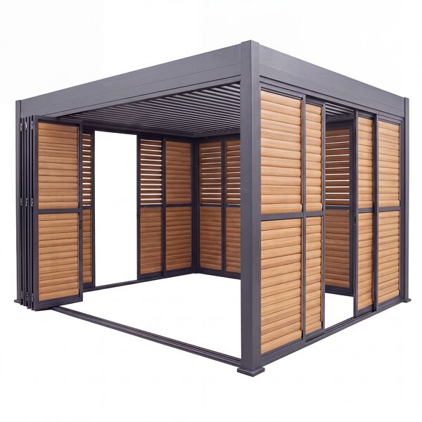 Eden Pergola Aluminium Rectangular 30x40 - 2 Wood Effect Folding Doors + 2 Louvre Doors  - Grey