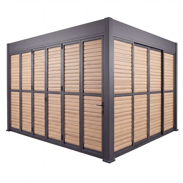 Eden Pergola Aluminium Rectangular 30x40 - 2 Wood Effect Folding Doors + 2 Louvre Doors  - Grey