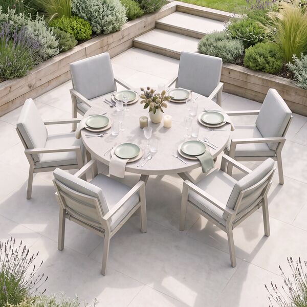 New York 6 Seat Round Ceramic Glass Dining Set - Latte