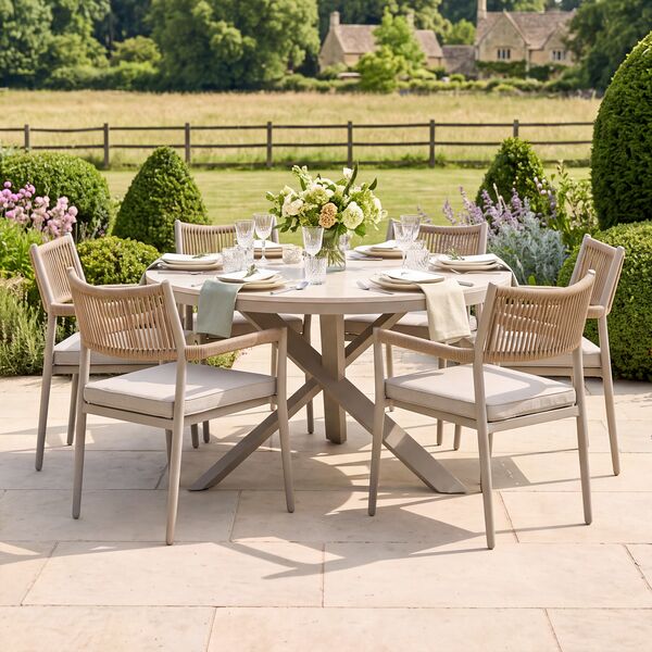 Cambridge 6 Seat Round Dining Set - Honey Rope with Ivory Cushions