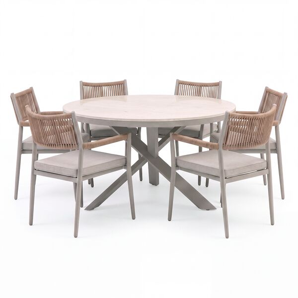 Cambridge 6 Seat Round Dining Set - Honey Rope with Ivory Cushions