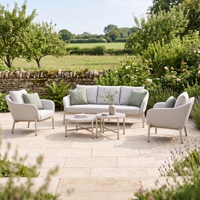 Bellagio Outdoor Fabric 3 Seat Sofa Set with 2 Round Coffee Tables - Champagne