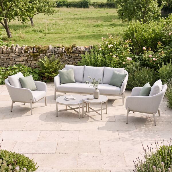 Bellagio Outdoor Fabric 3 Seat Sofa Set with 2 Round Coffee Tables - Champagne