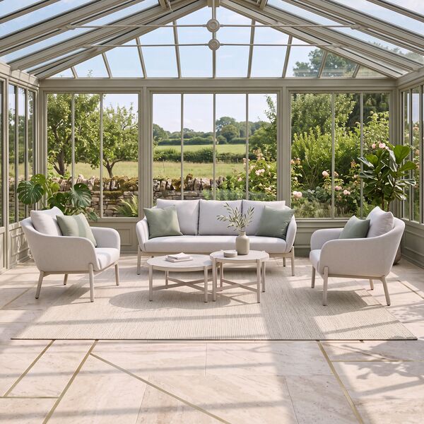 Bellagio Outdoor Fabric 3 Seat Sofa Set with 2 Round Coffee Tables - Champagne