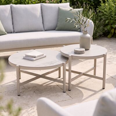 Bellagio Outdoor Fabric 3 Seat Sofa Set with 2 Round Coffee Tables - Champagne