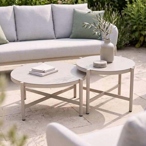 Bellagio Outdoor Fabric 3 Seat Sofa Set with 2 Round Coffee Tables - Champagne