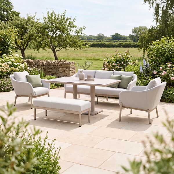Bellagio Outdoor Fabric 3 Seat Sofa Set with Rising Table & Bench - Champagne