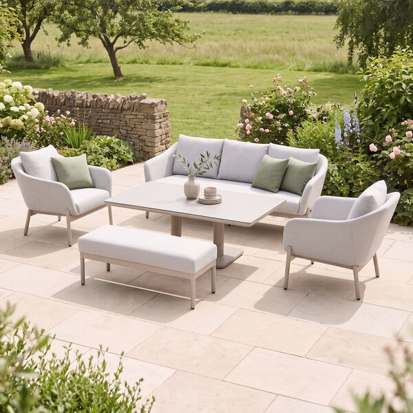 Bellagio Outdoor Fabric 3 Seat Sofa Set with Rising Table & Bench - Champagne