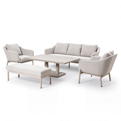 Bellagio Outdoor Fabric 3 Seat Sofa Set with Rising Table & Bench - Champagne
