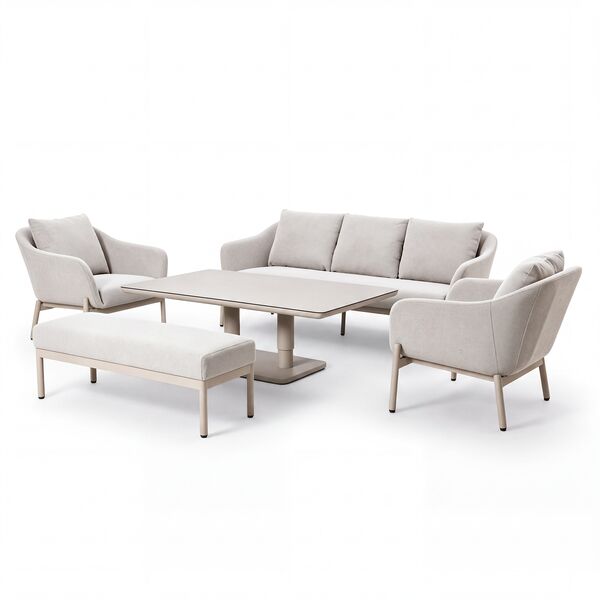 Bellagio Outdoor Fabric 3 Seat Sofa Set with Rising Table & Bench - Champagne