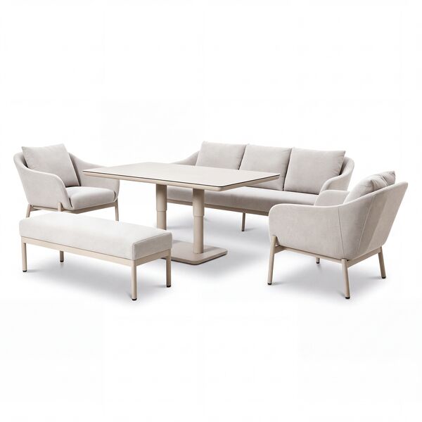 Bellagio Outdoor Fabric 3 Seat Sofa Set with Rising Table & Bench - Champagne