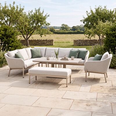 Bellagio Outdoor Fabric Rectangular Corner Dining Set with Rising Table, Bench & Lounge Chair - Champagne