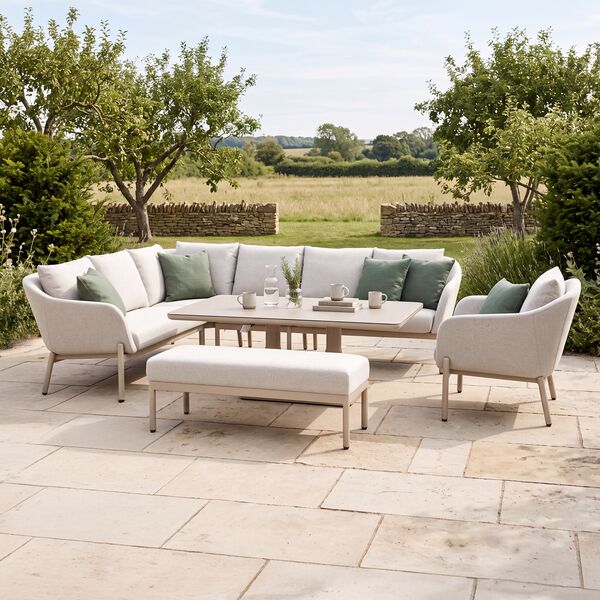 Bellagio Outdoor Fabric Rectangular Corner Dining Set with Rising Table, Bench & Lounge Chair - Champagne