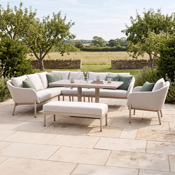 Bellagio Outdoor Fabric Rectangular Corner Dining Set with Rising Table, Bench & Lounge Chair - Champagne