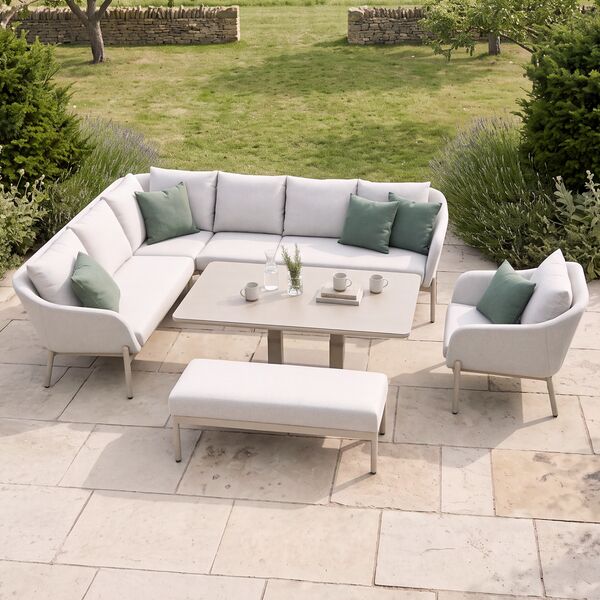 Bellagio Outdoor Fabric Rectangular Corner Dining Set with Rising Table, Bench & Lounge Chair - Champagne