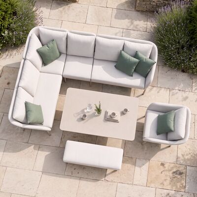 Bellagio Outdoor Fabric Rectangular Corner Dining Set with Rising Table, Bench & Lounge Chair - Champagne