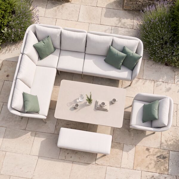Bellagio Outdoor Fabric Rectangular Corner Dining Set with Rising Table, Bench & Lounge Chair - Champagne