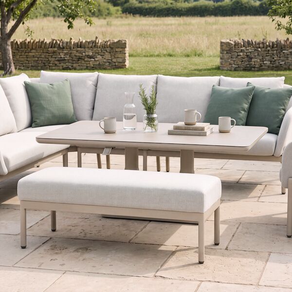 Bellagio Outdoor Fabric Rectangular Corner Dining Set with Rising Table, Bench & Lounge Chair - Champagne