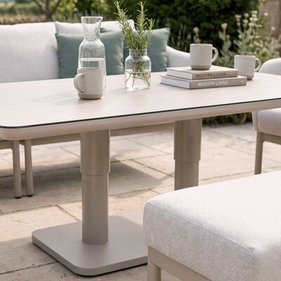 Bellagio Outdoor Fabric Rectangular Corner Dining Set with Rising Table, Bench & Lounge Chair - Champagne