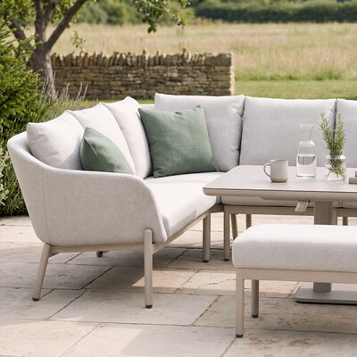 Bellagio Outdoor Fabric Rectangular Corner Dining Set with Rising Table, Bench & Lounge Chair - Champagne