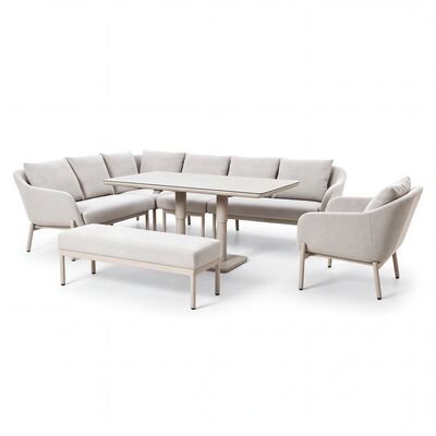 Bellagio Outdoor Fabric Rectangular Corner Dining Set with Rising Table, Bench & Lounge Chair - Champagne