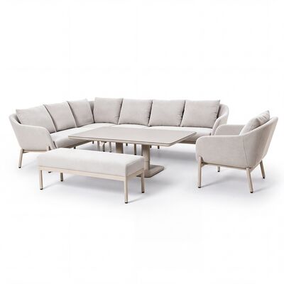 Bellagio Outdoor Fabric Rectangular Corner Dining Set with Rising Table, Bench & Lounge Chair - Champagne