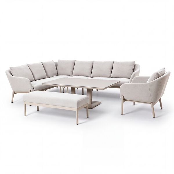 Bellagio Outdoor Fabric Rectangular Corner Dining Set with Rising Table, Bench & Lounge Chair - Champagne