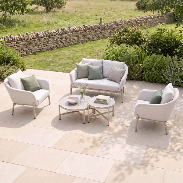 Bellagio Outdoor Fabric 2 Seat Sofa Set with 2 Round Coffee Tables - Champagne