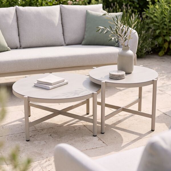 Bellagio Outdoor Fabric 2 Seat Sofa Set with 2 Round Coffee Tables - Champagne