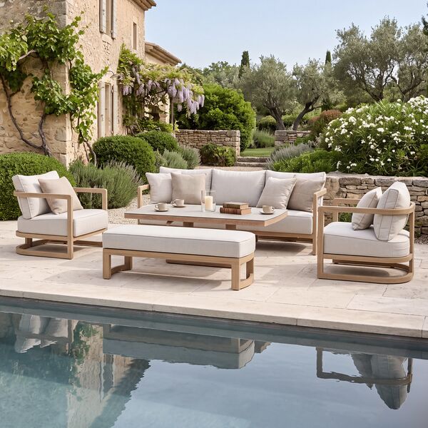 Malibu 3 Seat Sofa Set with Rising Table and Bench - Wood Effect