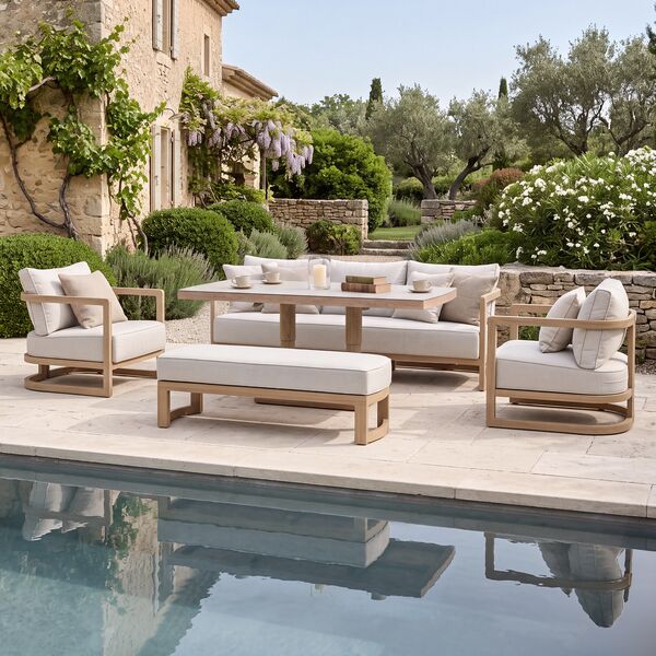 Malibu 3 Seat Sofa Set with Rising Table and Bench - Wood Effect