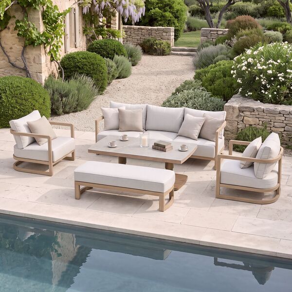 Malibu 3 Seat Sofa Set with Rising Table and Bench - Wood Effect