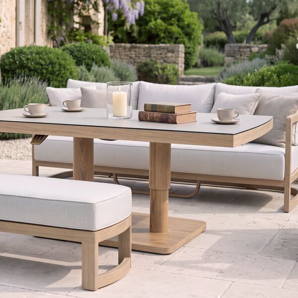 Malibu 3 Seat Sofa Set with Rising Table and Bench - Wood Effect