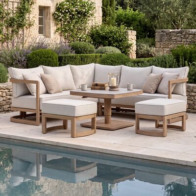 Malibu Square Corner Sofa Set with Rising Table and 2 Footstool - Wood Effect