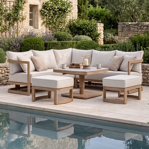 Malibu Square Corner Sofa Set with Rising Table and 2 Footstool - Wood Effect