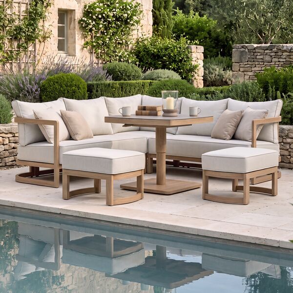 Malibu Square Corner Sofa Set with Rising Table and 2 Footstool - Wood Effect