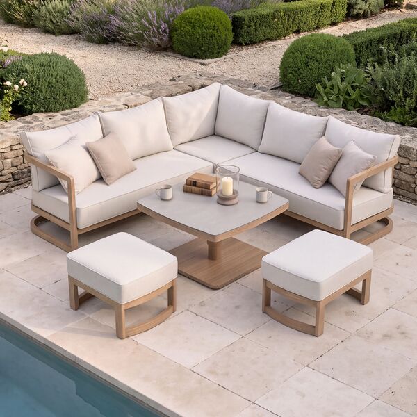 Malibu Square Corner Sofa Set with Rising Table and 2 Footstool - Wood Effect