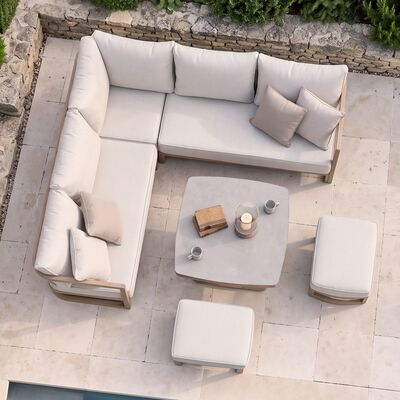 Malibu Square Corner Sofa Set with Rising Table and 2 Footstool - Wood Effect