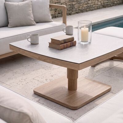 Malibu Square Corner Sofa Set with Rising Table and 2 Footstool - Wood Effect