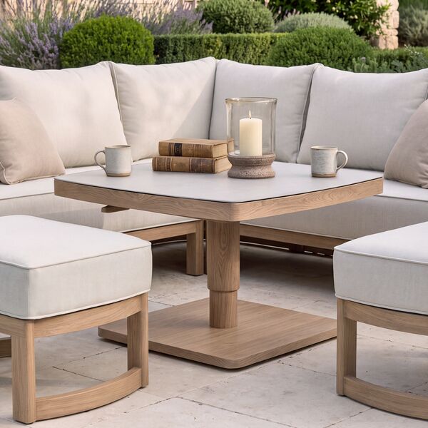 Malibu Square Corner Sofa Set with Rising Table and 2 Footstool - Wood Effect