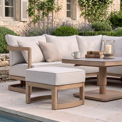 Malibu Square Corner Sofa Set with Rising Table and 2 Footstool - Wood Effect