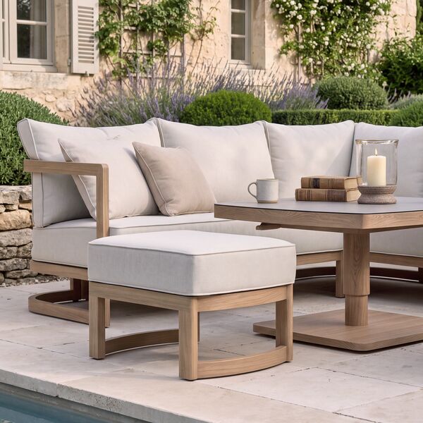 Malibu Square Corner Sofa Set with Rising Table and 2 Footstool - Wood Effect