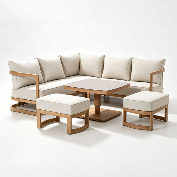Malibu Square Corner Sofa Set with Rising Table and 2 Footstool - Wood Effect