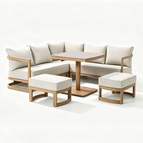 Malibu Square Corner Sofa Set with Rising Table and 2 Footstool - Wood Effect