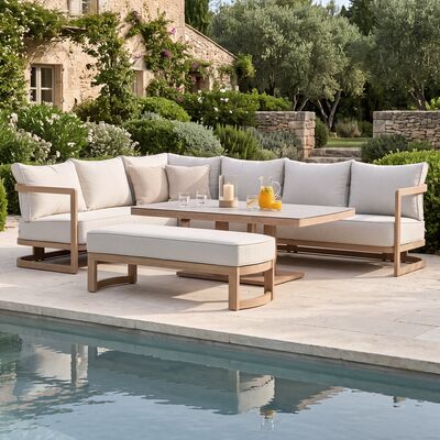 Malibu Rectangular Corner Sofa Set with Rising Table and Bench - Wood Effect