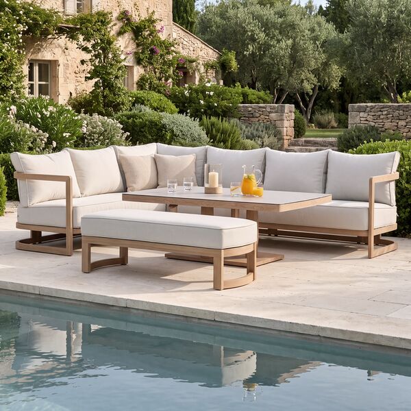 Malibu Rectangular Corner Sofa Set with Rising Table and Bench - Wood Effect
