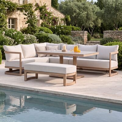 Malibu Rectangular Corner Sofa Set with Rising Table and Bench - Wood Effect