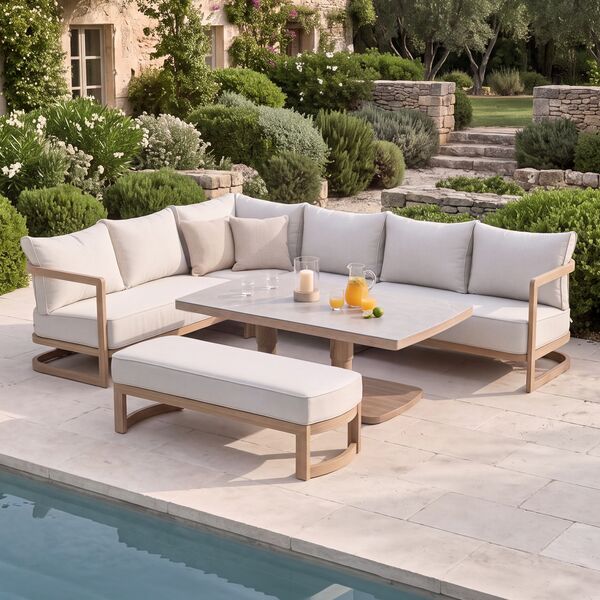 Malibu Rectangular Corner Sofa Set with Rising Table and Bench - Wood Effect